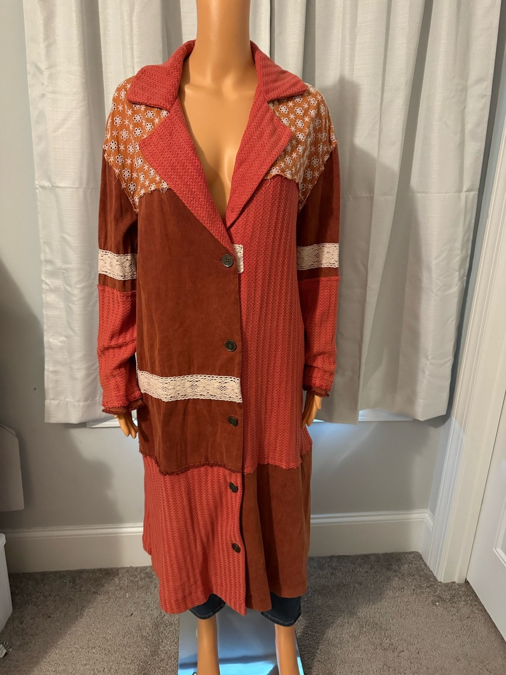 Cool POL size S orange tone patchwork button up lace eyelet midi jacket coat new